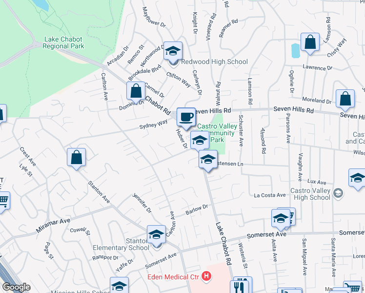 map of restaurants, bars, coffee shops, grocery stores, and more near 3166 Brent Court in Castro Valley