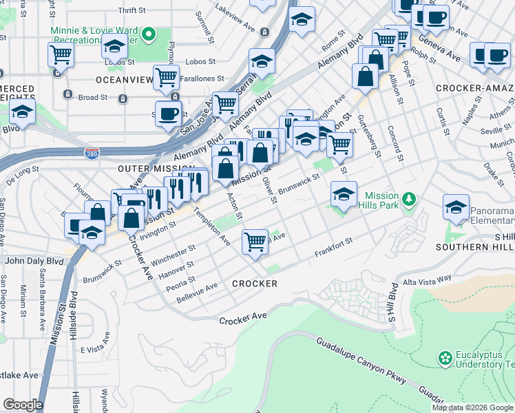 map of restaurants, bars, coffee shops, grocery stores, and more near 850A-A Brunswick Street in San Francisco