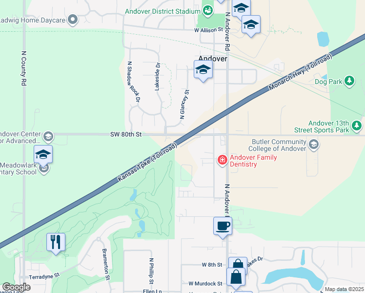 map of restaurants, bars, coffee shops, grocery stores, and more near Kansas Turnpike in Andover
