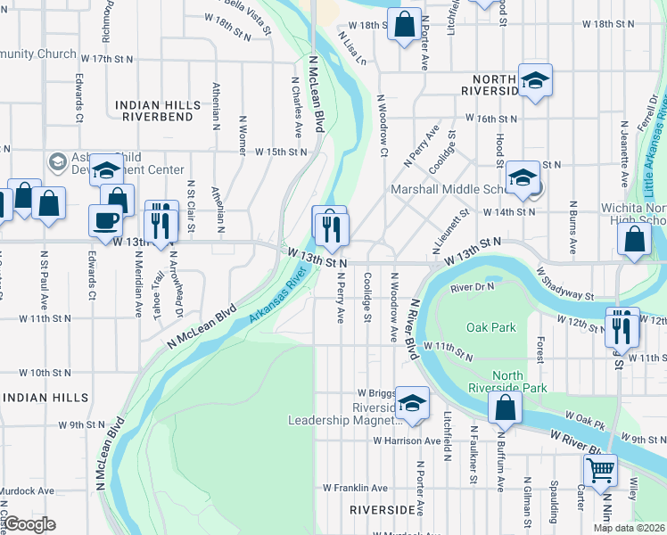map of restaurants, bars, coffee shops, grocery stores, and more near in Wichita