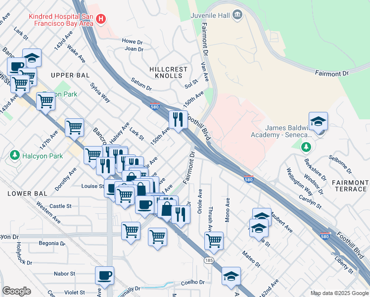 map of restaurants, bars, coffee shops, grocery stores, and more near 1716 151st Avenue in San Leandro