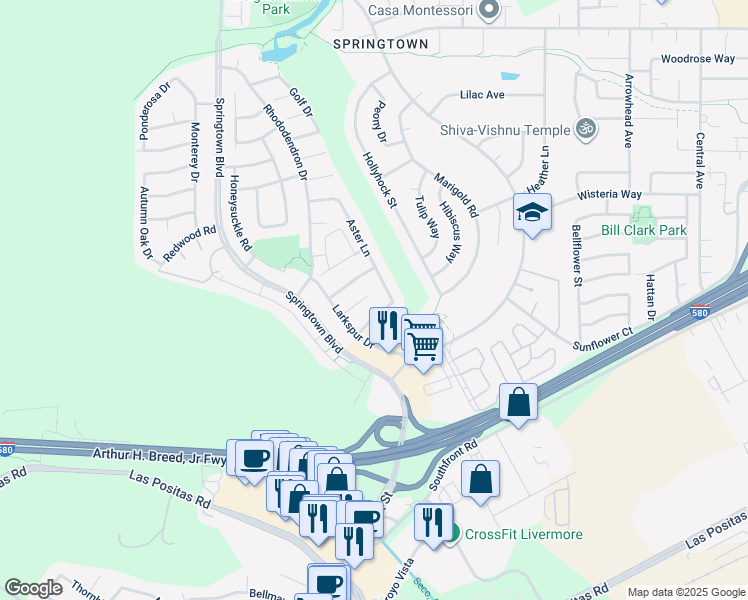 map of restaurants, bars, coffee shops, grocery stores, and more near 4831 Zinnia Court in Livermore