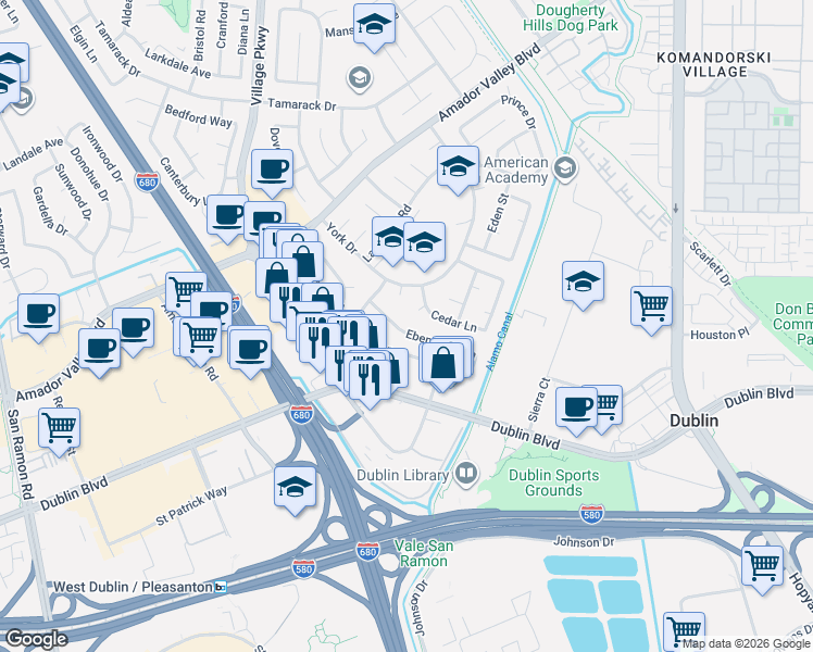map of restaurants, bars, coffee shops, grocery stores, and more near 6830 Sage Court in Dublin