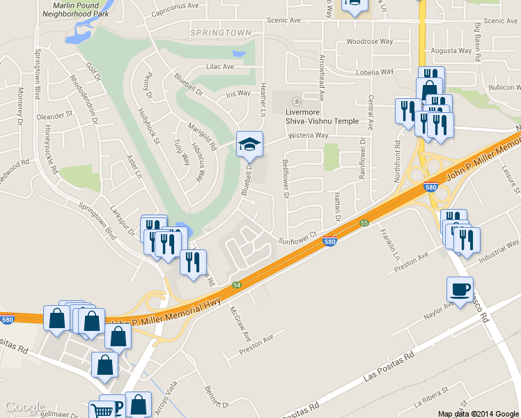 map of restaurants, bars, coffee shops, grocery stores, and more near 1089 Bluebell Drive in Livermore