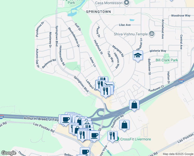 map of restaurants, bars, coffee shops, grocery stores, and more near 4831 Zinnia Court in Livermore