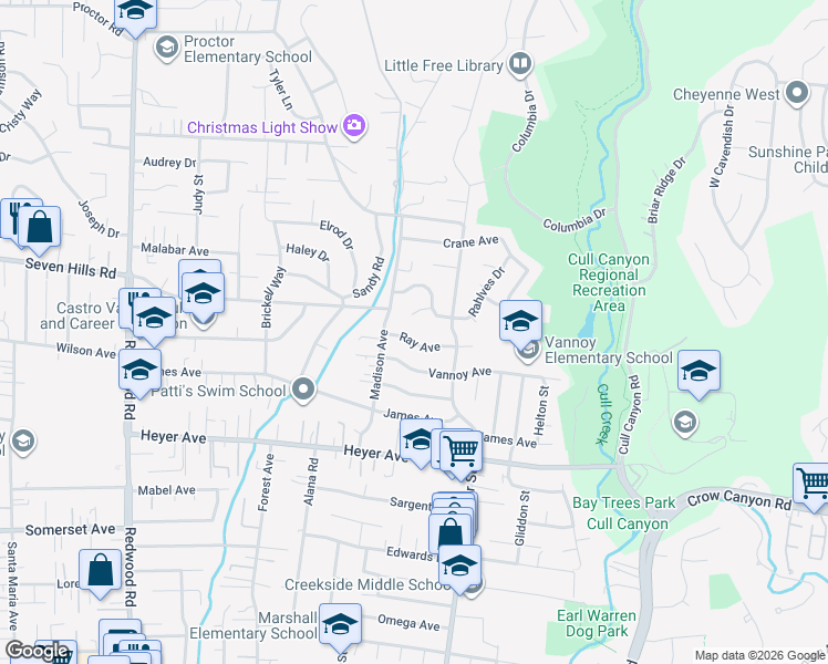 map of restaurants, bars, coffee shops, grocery stores, and more near 5030 Ray Avenue in Castro Valley