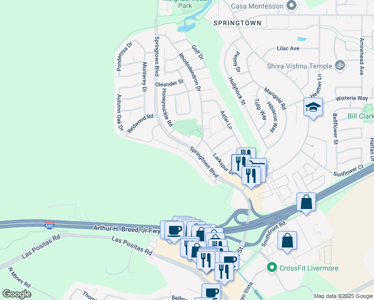 map of restaurants, bars, coffee shops, grocery stores, and more near 1323 Spring Valley Common in Livermore