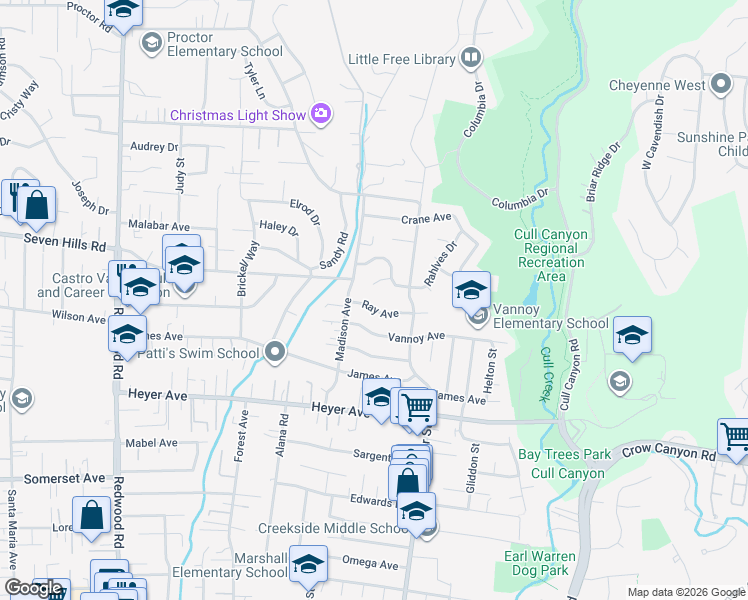map of restaurants, bars, coffee shops, grocery stores, and more near 5030 Ray Avenue in Castro Valley