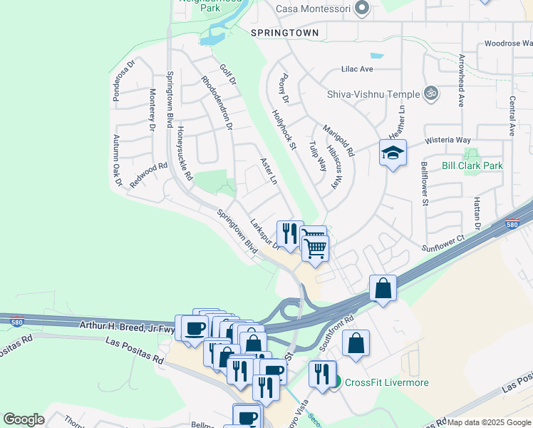 map of restaurants, bars, coffee shops, grocery stores, and more near 4754 Zinnia Court in Livermore