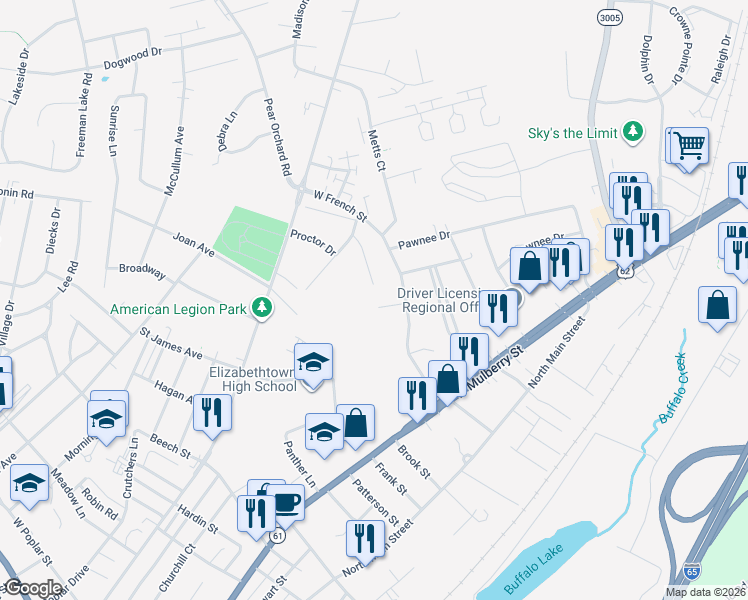 map of restaurants, bars, coffee shops, grocery stores, and more near 201 Oakwood Drive in Elizabethtown