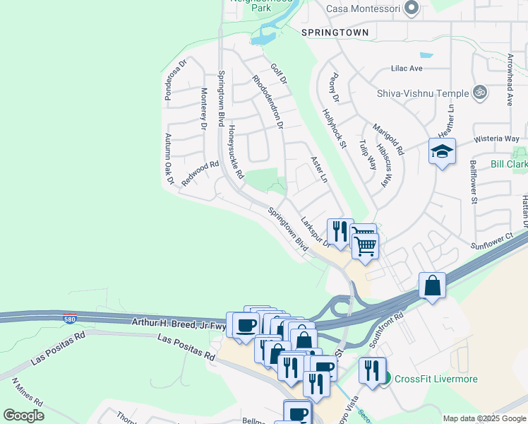 map of restaurants, bars, coffee shops, grocery stores, and more near 1425 Springtown Boulevard in Livermore