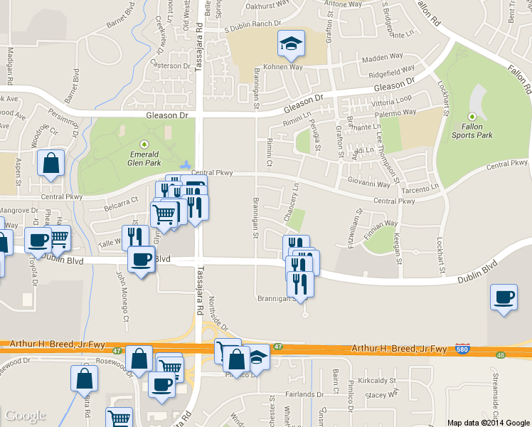 map of restaurants, bars, coffee shops, grocery stores, and more near 3660 Whitworth Drive in Dublin