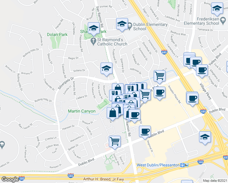 map of restaurants, bars, coffee shops, grocery stores, and more near 7616 Arbor Creek Circle in Dublin
