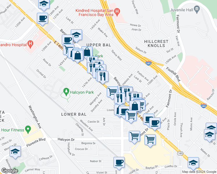 map of restaurants, bars, coffee shops, grocery stores, and more near 14857 Bancroft Avenue in San Leandro