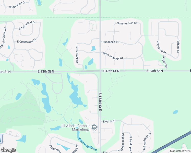 map of restaurants, bars, coffee shops, grocery stores, and more near 14273-14399 East 13th Street North in Wichita