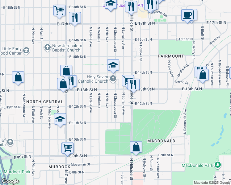 map of restaurants, bars, coffee shops, grocery stores, and more near 2912 East 13th Street North in Wichita