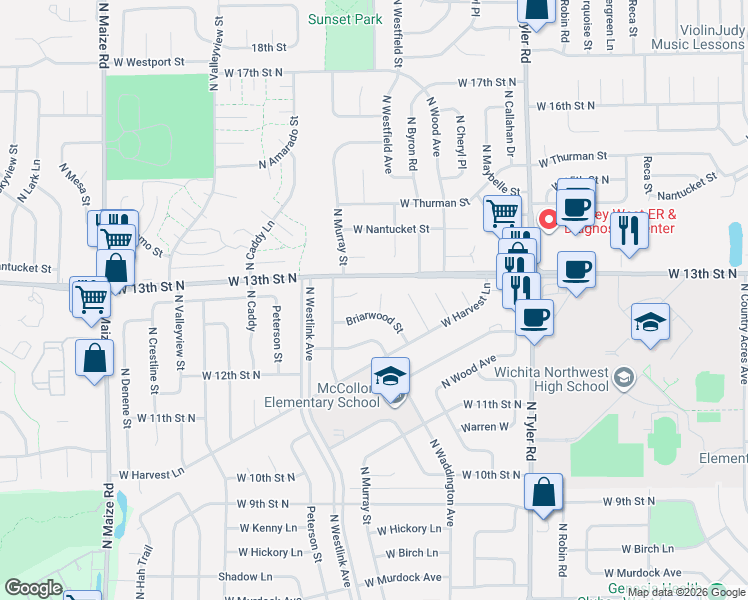 map of restaurants, bars, coffee shops, grocery stores, and more near 9324 Briarwood Court in Wichita