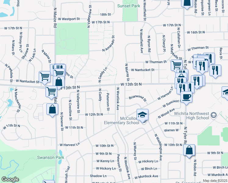 map of restaurants, bars, coffee shops, grocery stores, and more near West 13th Street North in Wichita