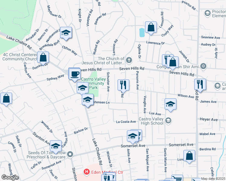 map of restaurants, bars, coffee shops, grocery stores, and more near 19087 Mayberry Drive in Castro Valley