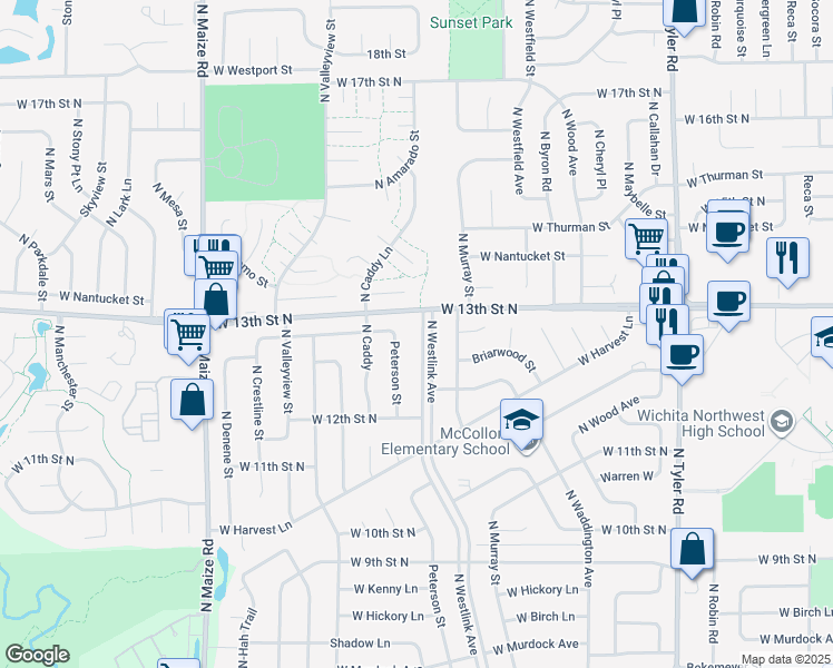 map of restaurants, bars, coffee shops, grocery stores, and more near West 13th Street North in Wichita