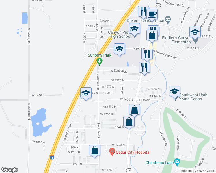 map of restaurants, bars, coffee shops, grocery stores, and more near 311 West 1675 North in Cedar City