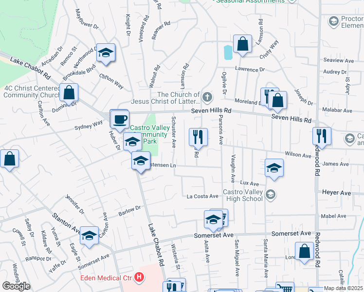 map of restaurants, bars, coffee shops, grocery stores, and more near 19087 Mayberry Drive in Castro Valley