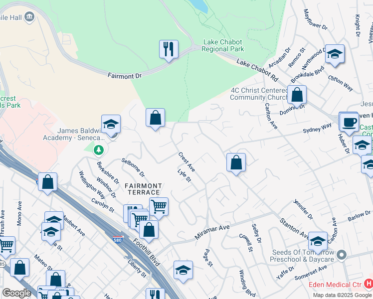 map of restaurants, bars, coffee shops, grocery stores, and more near 2508 Ridge Crest Court in Castro Valley