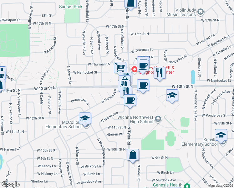 map of restaurants, bars, coffee shops, grocery stores, and more near 8917 West Harvest Lane in Wichita