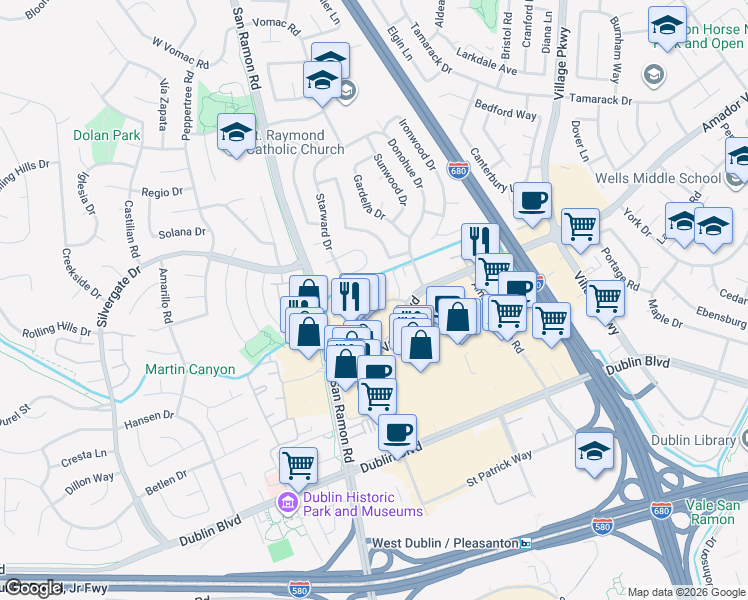 map of restaurants, bars, coffee shops, grocery stores, and more near 7317 Starward Drive in Dublin