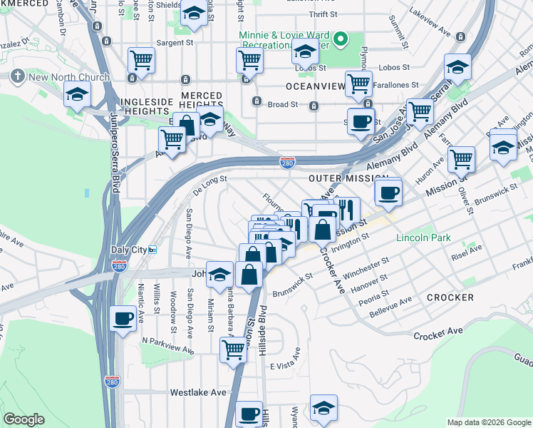 map of restaurants, bars, coffee shops, grocery stores, and more near 299 Rhine Street in Daly City