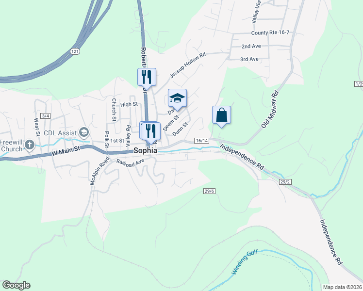 map of restaurants, bars, coffee shops, grocery stores, and more near 329 East Main Street in Sophia
