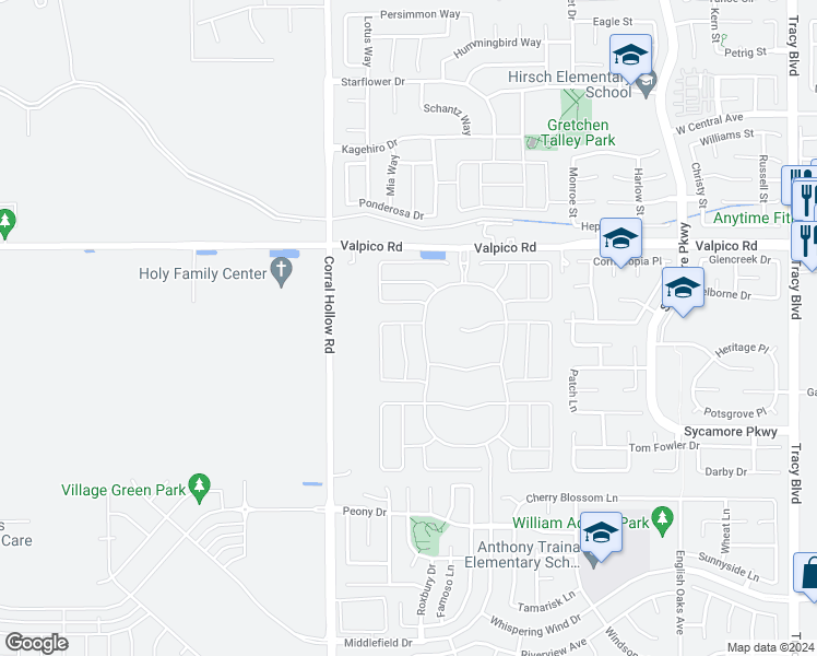 map of restaurants, bars, coffee shops, grocery stores, and more near 3144 Boca Way in Tracy