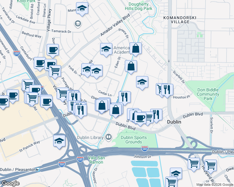 map of restaurants, bars, coffee shops, grocery stores, and more near 6609 Spruce Lane in Dublin