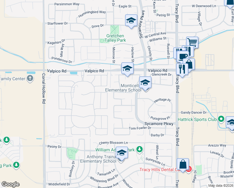 map of restaurants, bars, coffee shops, grocery stores, and more near 1450 Bluegrass Lane in Tracy
