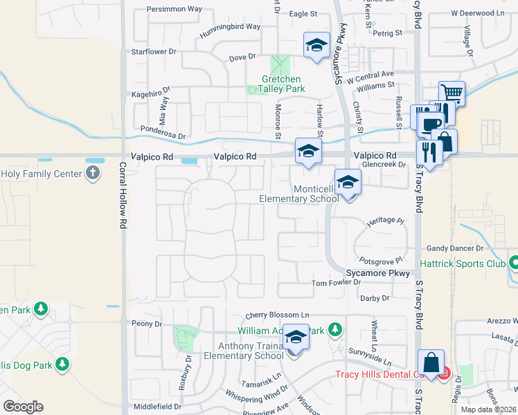 map of restaurants, bars, coffee shops, grocery stores, and more near 3025 Garden Ct in Tracy