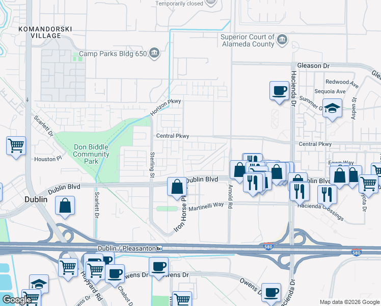 map of restaurants, bars, coffee shops, grocery stores, and more near 5559 Barrel Court in Dublin