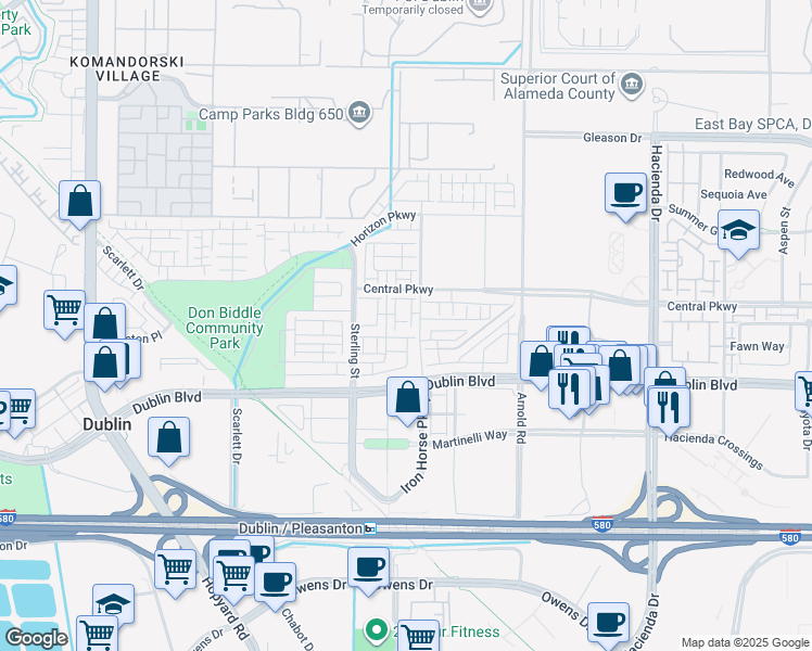 map of restaurants, bars, coffee shops, grocery stores, and more near 5750 Iron Horse Parkway in Dublin
