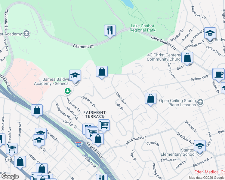 map of restaurants, bars, coffee shops, grocery stores, and more near 2508 Ridge Crest Court in Castro Valley