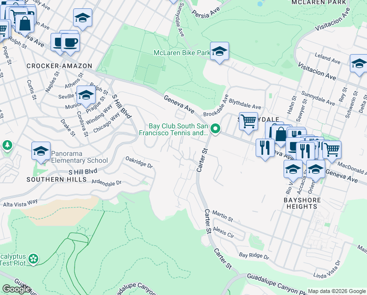 map of restaurants, bars, coffee shops, grocery stores, and more near 1608 Birchwood Court in San Francisco