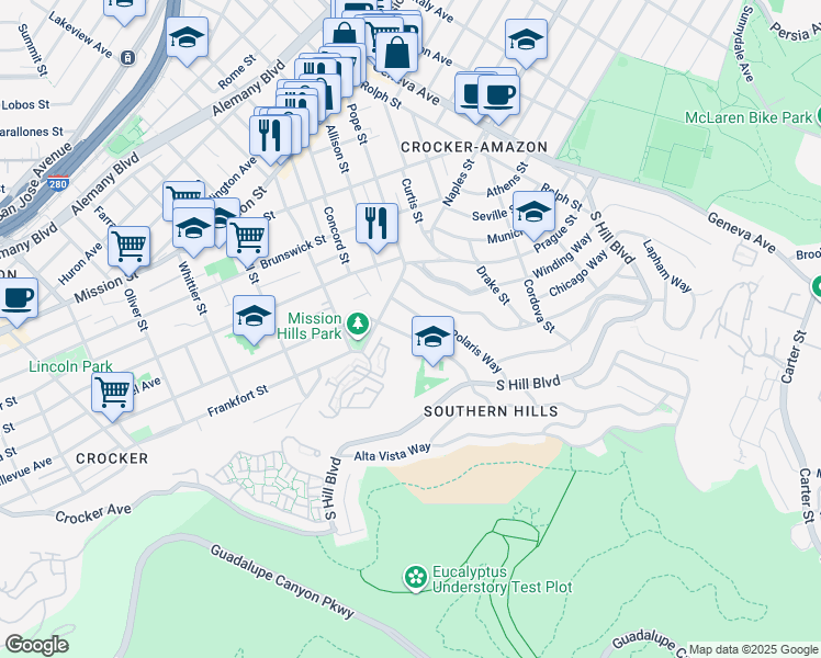 map of restaurants, bars, coffee shops, grocery stores, and more near 314 Polaris Way in San Francisco