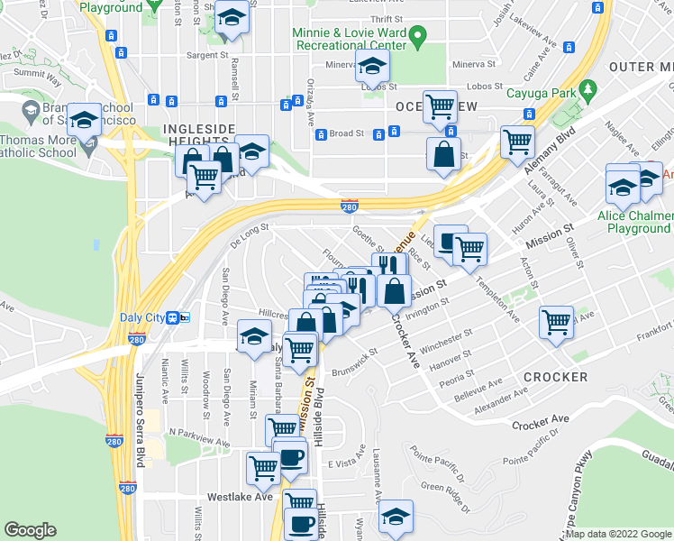 map of restaurants, bars, coffee shops, grocery stores, and more near 188 Flournoy Street in San Francisco