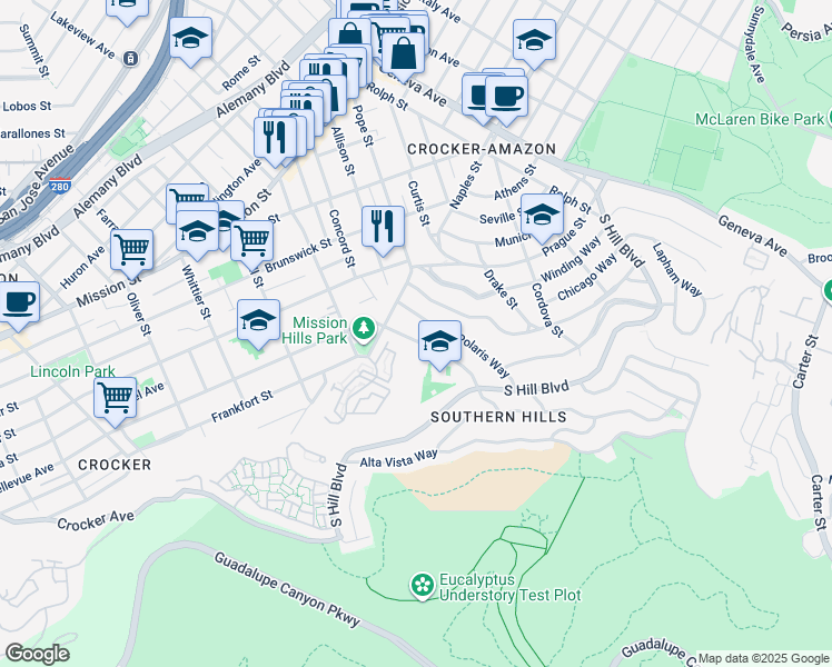 map of restaurants, bars, coffee shops, grocery stores, and more near 314 Polaris Way in San Francisco