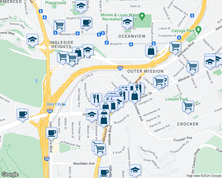 map of restaurants, bars, coffee shops, grocery stores, and more near 299 Rhine Street in Daly City
