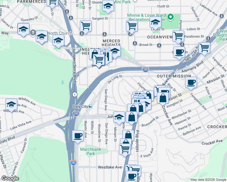 map of restaurants, bars, coffee shops, grocery stores, and more near 80 Santa Cruz Avenue in San Francisco