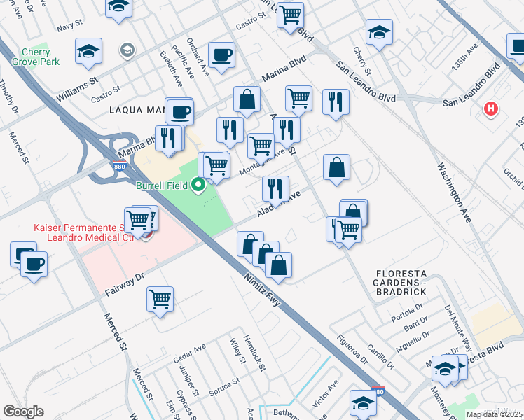 map of restaurants, bars, coffee shops, grocery stores, and more near 1133 Aladdin Avenue in San Leandro