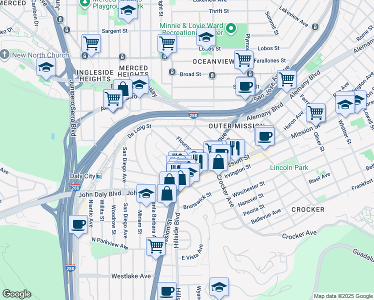 map of restaurants, bars, coffee shops, grocery stores, and more near 163 Flournoy Street in Daly City