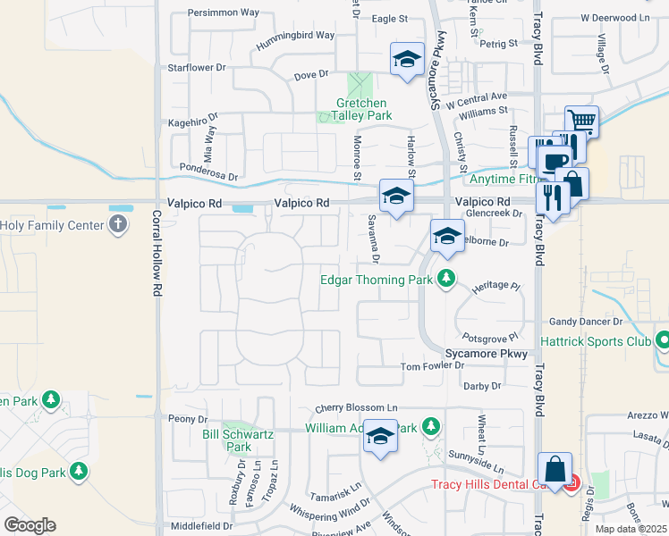 map of restaurants, bars, coffee shops, grocery stores, and more near 3137 Phoenix Avenue in Tracy