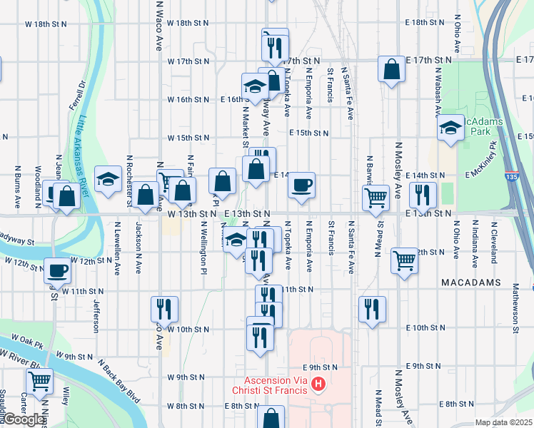 map of restaurants, bars, coffee shops, grocery stores, and more near N Broadway St & East 13th St N in Wichita