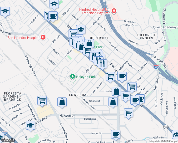 map of restaurants, bars, coffee shops, grocery stores, and more near 14625 Pansy Street in San Leandro