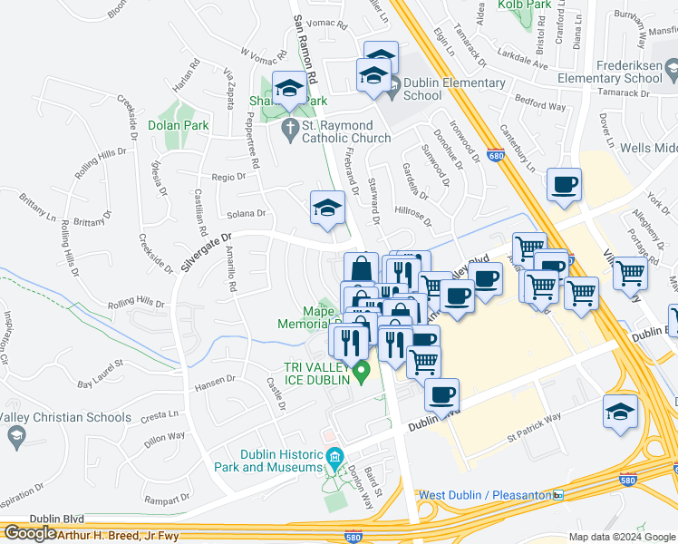map of restaurants, bars, coffee shops, grocery stores, and more near 7683 Arbor Creek Circle in Dublin